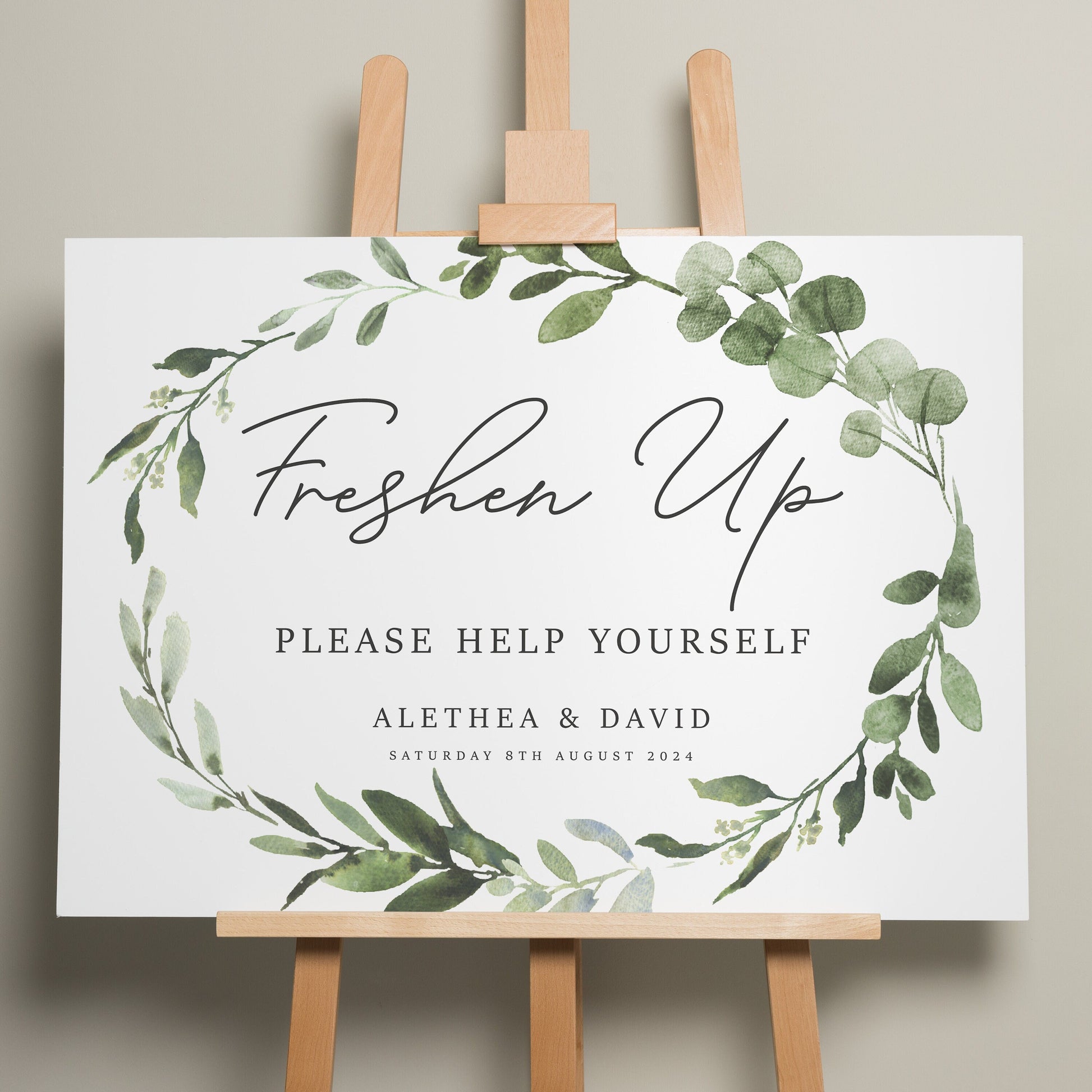 Botanical Wedding Freshen Up Sign, Eucalyptus Sign, Bathroom Basket Wedding Sign, Help Yourself Bathroom Sign, Simple Design 'Alethea'