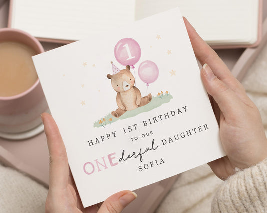 1st Birthday Card for Daughter, Personalised First Birthday Card, Cute Bear Birthday Card for Girl, One Year Old Birthday Card