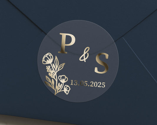 Personalised Wedding Envelope Seal, Gold Foil Initials Sticker, Custom Date Sticker, Wedding Sticker, Monogram Envelope Seal