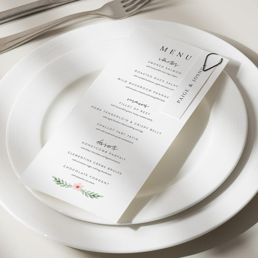 Blush Pink Wedding Menu Cards, Greenery Table Menu Cards, Pink Flowers Menu Card, Floral Wedding Dinner Menu with Guest Name Tag 'Paige'