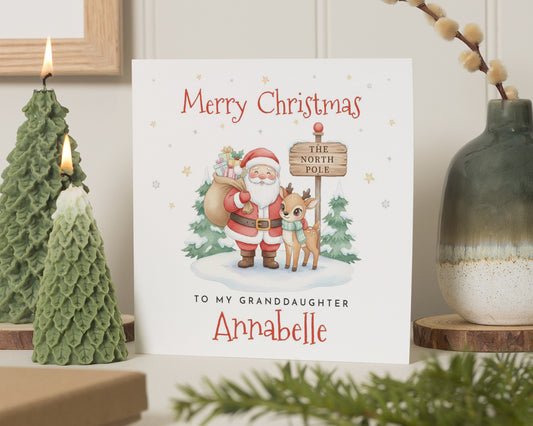 Christmas Card for Granddaughter, Personalised Granddaughter Christmas Card, Santa and Reindeer Card, Cute Christmas Card for Girl