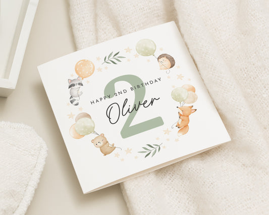2nd Birthday Card, Personalised Birthday Card for Boy, Animal Birthday Card, Cute Birthday Card for Kids, Birthday Card for Son