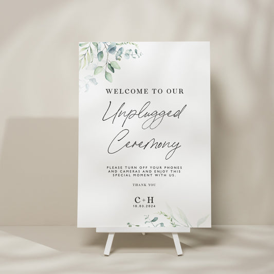 Botanical Unplugged Ceremony Wedding Sign, Greenery Wedding Welcome Sign, Minimalist Wedding Design, Foliage Wedding Signage 'Charlotte'