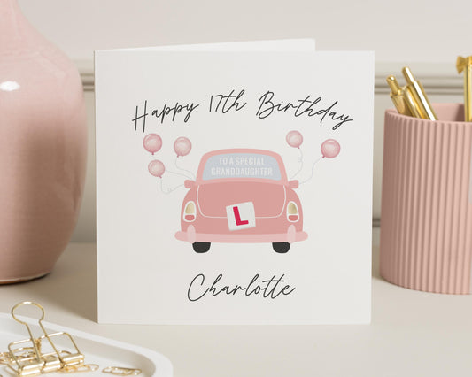 17th Birthday Card for Granddaughter, Personalised Birthday Card, Birthday Card for Her, Pink Car Birthday Card, Driving Birthday Card