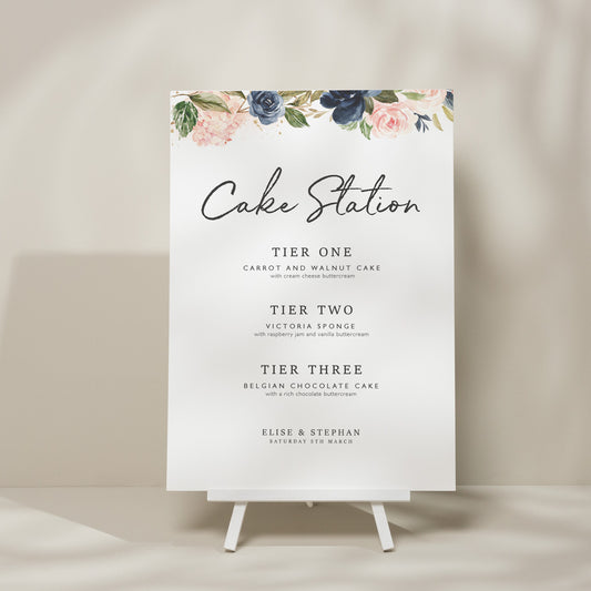 Floral Wedding Sign, Cake Menu Wedding Sign, Blush Pink And Navy Cake Flavour Sign, Flower Decor, Modern Wedding Signage 'Elise'