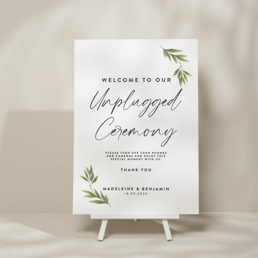 Personalised Greenery Wedding Welcome Sign, Unplugged Ceremony Wedding Sign, Minimalist Wedding Design, Botanical Wedding Sign 'Madeleine'