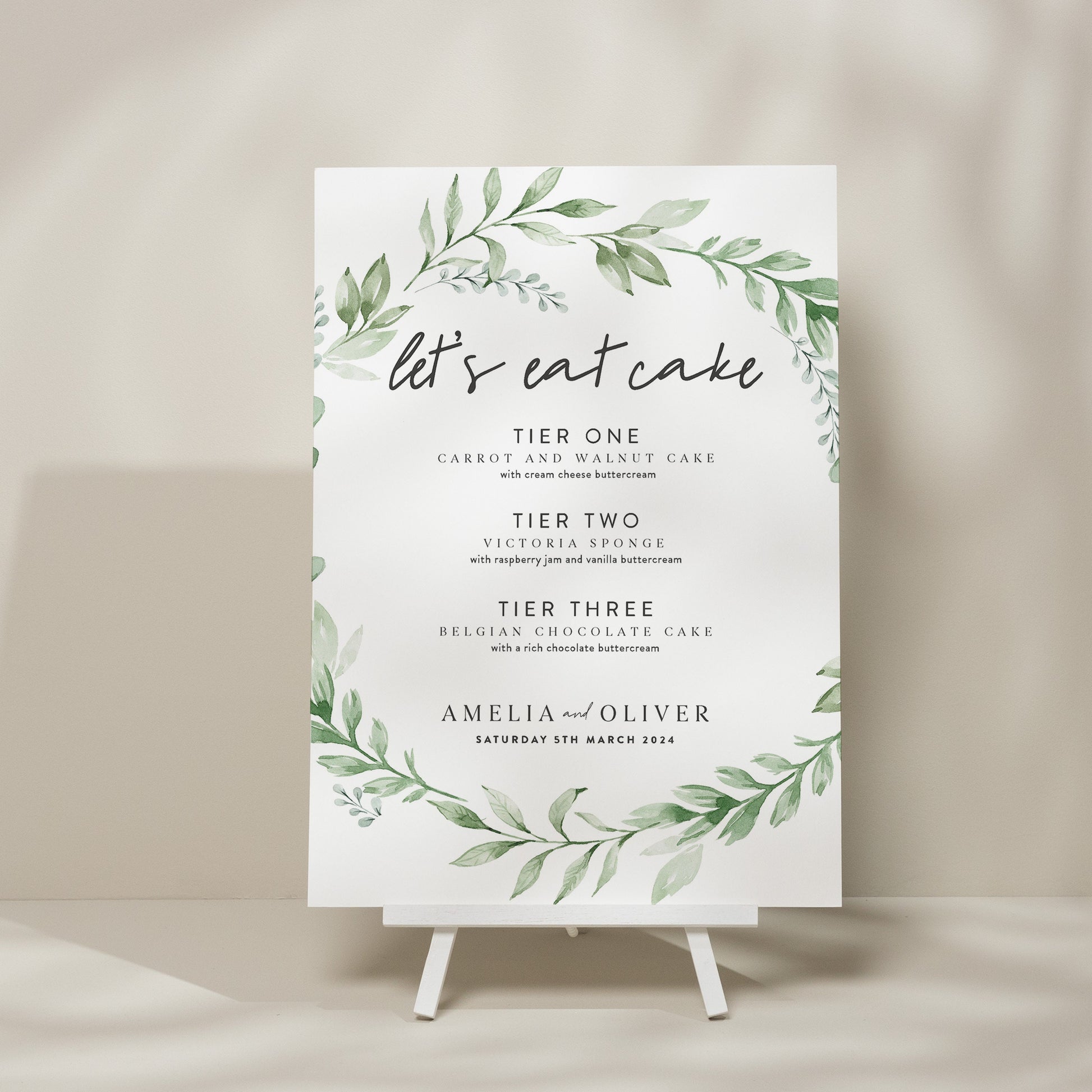 Greenery Wedding Cake Flavour Sign, Minimalist Cake Menu Sign, Eucalyptus Cake Station Sign, Elegant Cake Menu, Foliage Design 'Amelia'