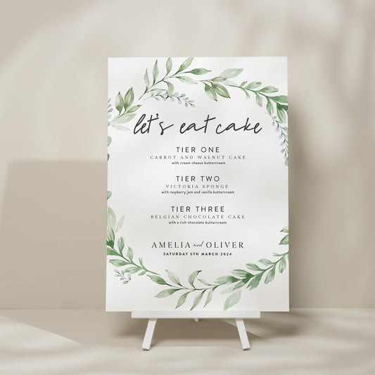 Greenery Wedding Cake Flavour Sign, Minimalist Cake Menu Sign, Eucalyptus Cake Station Sign, Elegant Cake Menu, Foliage Design 'Amelia'