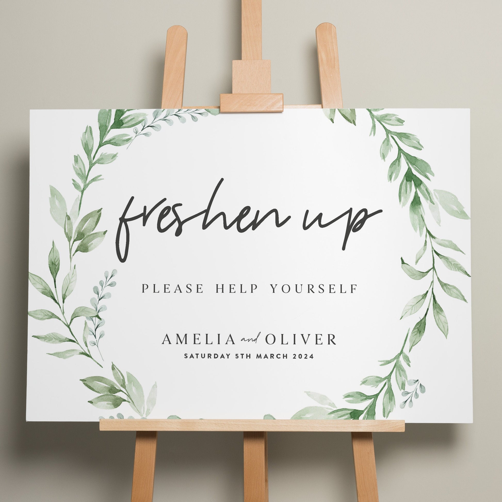 Greenery Wedding Bathroom Basket Sign, Freshen Up Wedding Sign, Eucalyptus Wedding Sign, Minimalist Wedding Signage, Foliage Design 'Amelia'