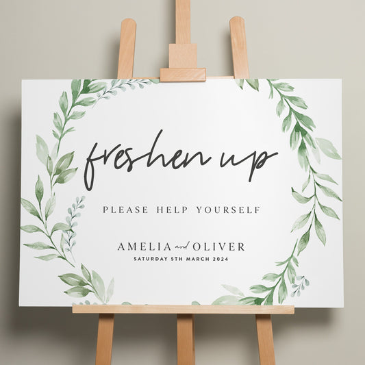 Greenery Wedding Bathroom Basket Sign, Freshen Up Wedding Sign, Eucalyptus Wedding Sign, Minimalist Wedding Signage, Foliage Design 'Amelia'