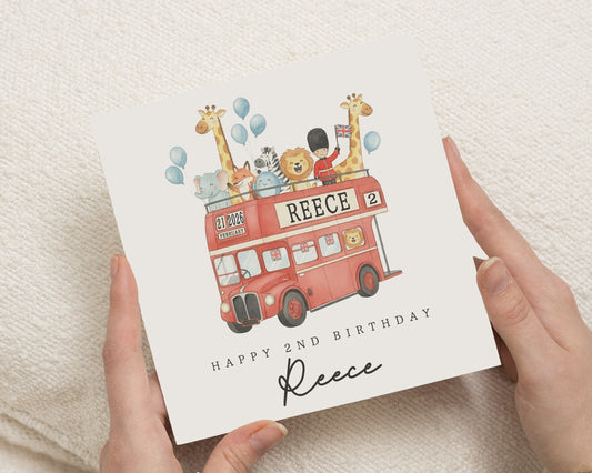 2nd Birthday Card for Boy, Personalised Safari Bus Birthday Card, Birthday Card for Son, Cute Animal Birthday Card, Second Birthday Card