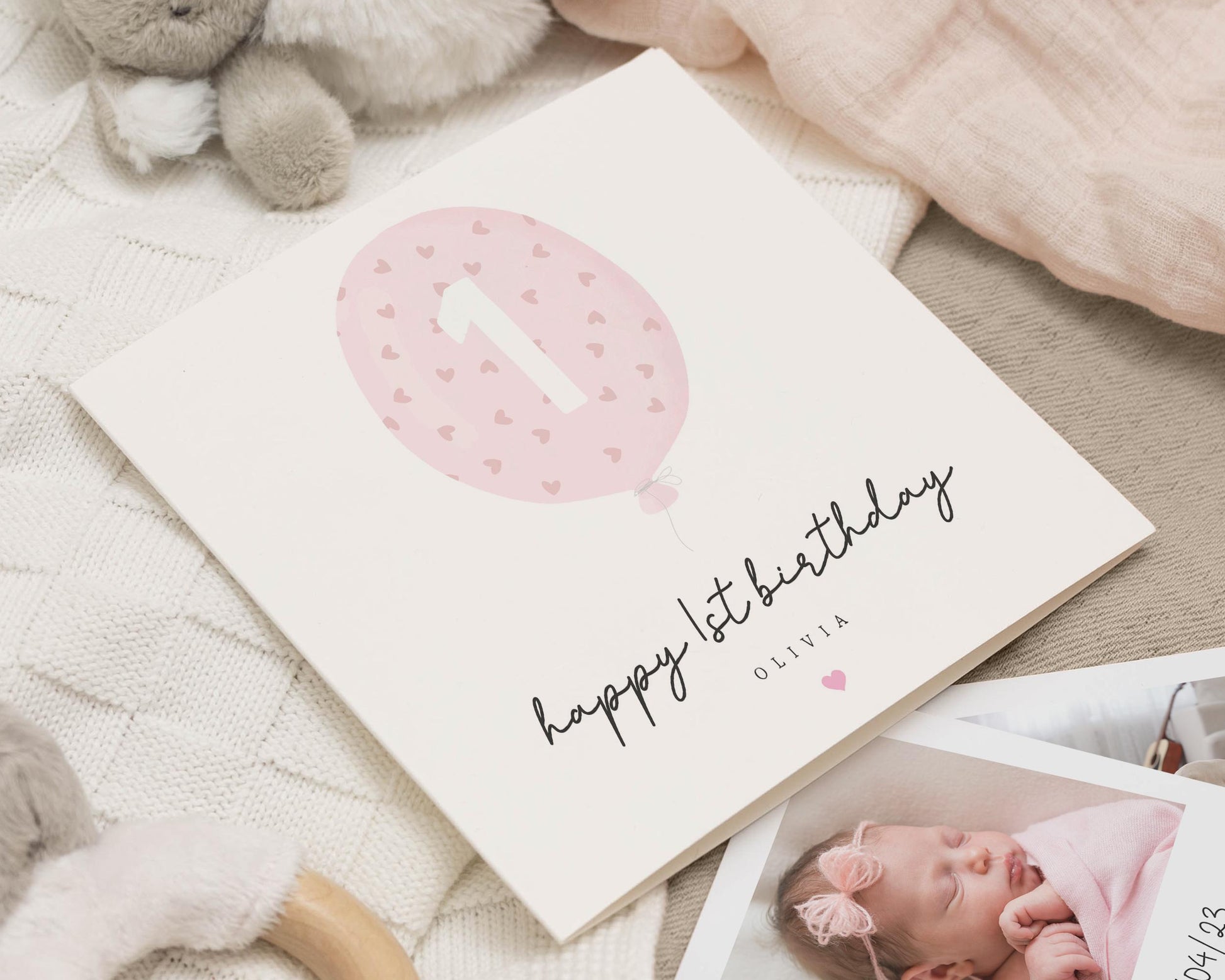 1st Birthday Card for Girl, Personalised First Birthday Card, Birthday Card for Daughter, Cute Balloon Birthday Card, Pink Birthday Card