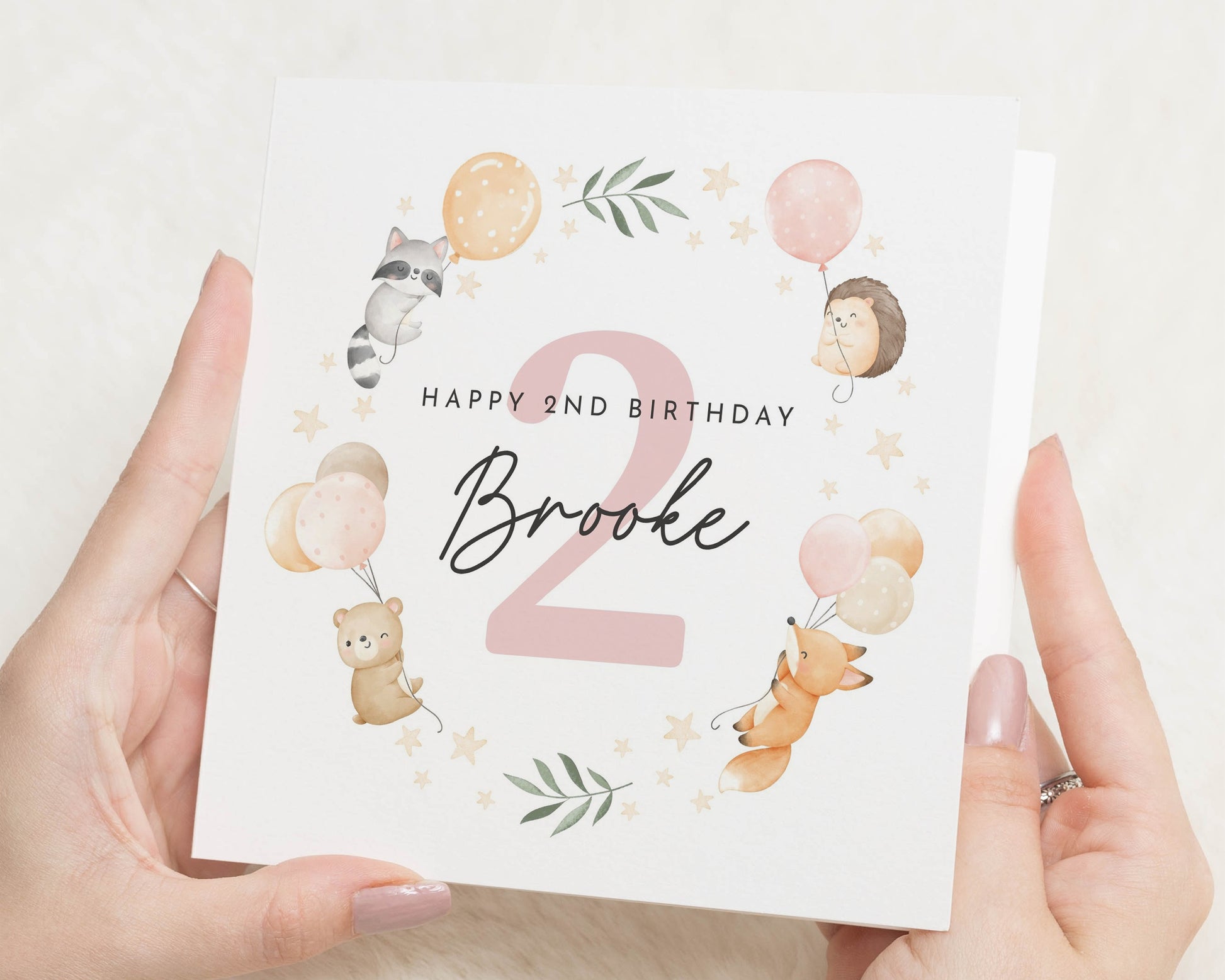 2nd Birthday Card for Girl, Personalised Birthday Card, Woodland Animal Birthday Card, Cute Birthday Card for Daughter, Custom Name Card