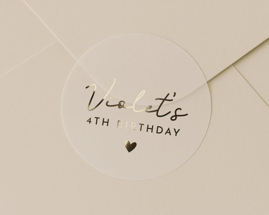 Personalised 4th Birthday Sticker, Gold Foil Birthday Label, Kids Party Sticker, Custom Name Sticker
