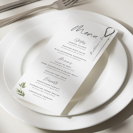 Wedding Menu Cards, Greenery Wedding Menu, Menu Card With Place Card, Botanical Menu, Printed Menu Cards, Food Menu For Wedding 'Madeleine'