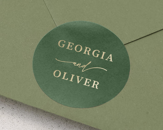 Personalised Wedding Envelope Seal, Gold Foil Sticker, Custom Names, Elegant Wedding Sticker, Green Envelope Seal, Georgia and Oliver