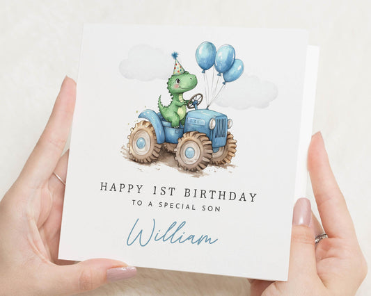 1st Birthday Card for Son, Personalised Dinosaur Birthday Card, Birthday Card for Boy, Cute First Birthday Card, Tractor Birthday Card