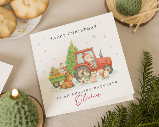 Christmas Card for Daughter, Personalised Daughter Christmas Card, Cute Farm Animal Christmas Card, Santa Tractor Card for Girl