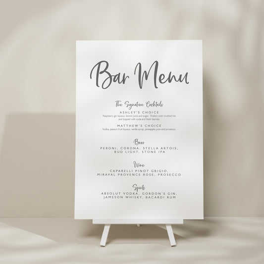 Script Bar Menu Wedding Sign, Minimalistic Wedding Signage, Modern Drink Menu Sign, Simple Wedding Sign, Menu For Bar, Drink Sign 'Ashley'