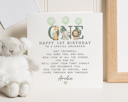 1st Birthday Card for Grandson, Safari Birthday Card, Personalised Birthday Card for Boy, Animal Birthday Card, Cute First Birthday Card