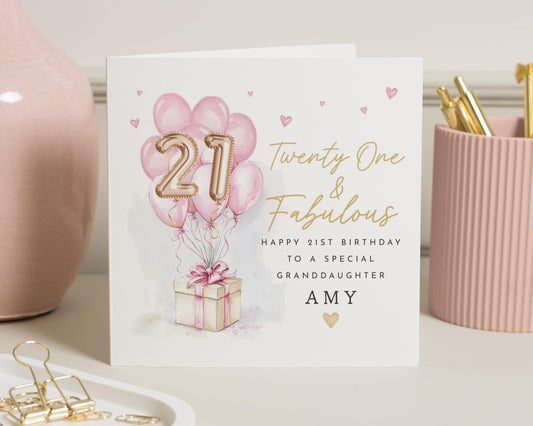 21st Birthday Card for Granddaughter, Personalised 21st Birthday Card, Twenty One Birthday Card, Birthday Card for Her, Pink Balloon Card