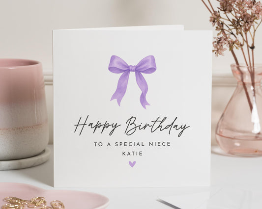 Birthday Card for Niece, Special Niece Birthday Card, Personalised Birthday Card for Girl, Cute Birthday Card, Purple Bow Birthday Card