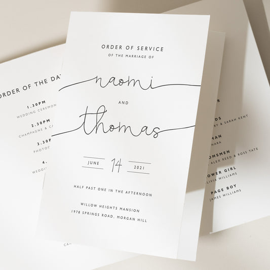 Order of Service, Wedding Program, Order Of Service Booklet Wedding, Folding Wedding Program, Simple Wedding Program 'Naomi'