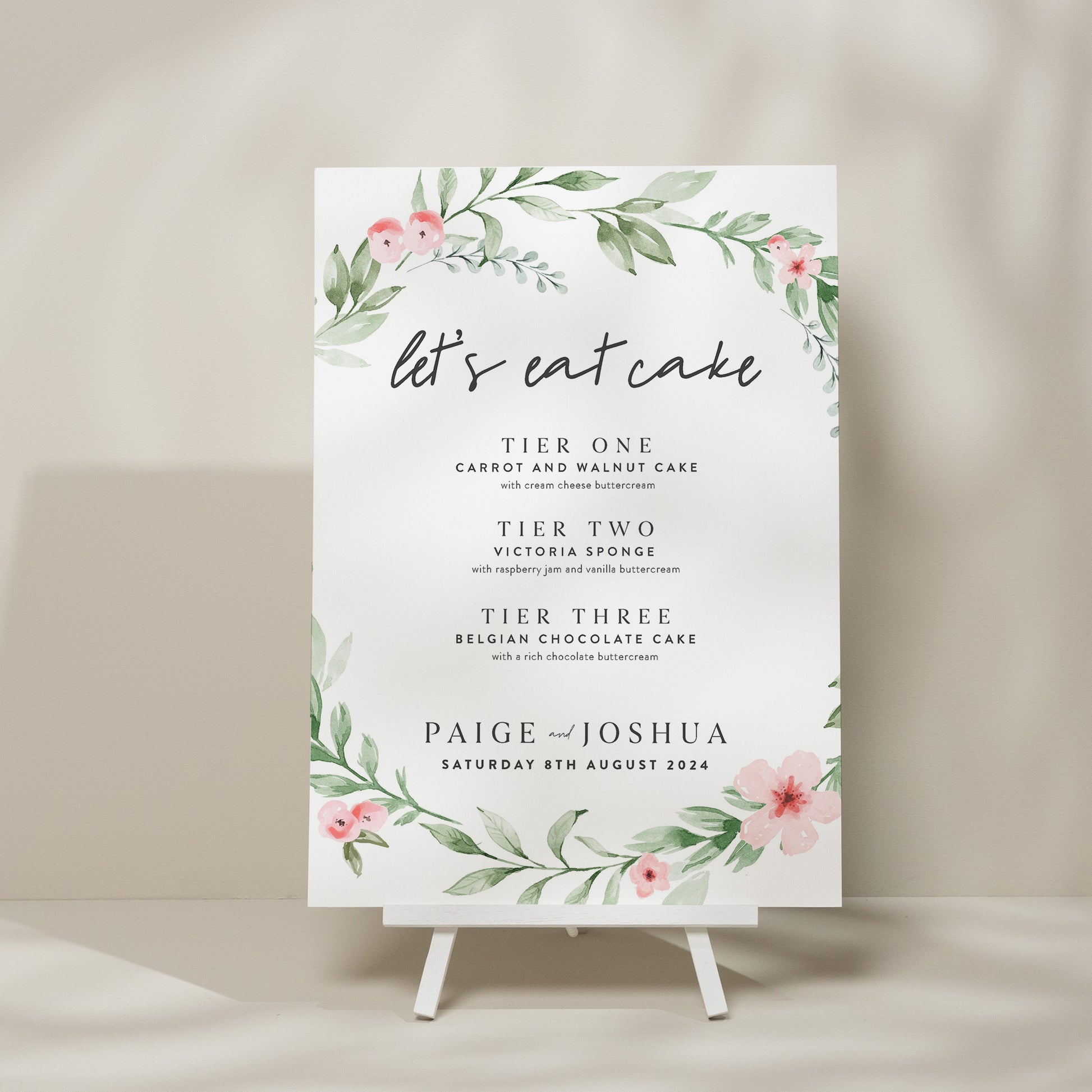 Floral Wedding Cake Menu Sign, Cake Flavour Wedding Sign, Wedding Cake Sign, Cake Station Sign, Minimalist Wedding Sign 'Paige'