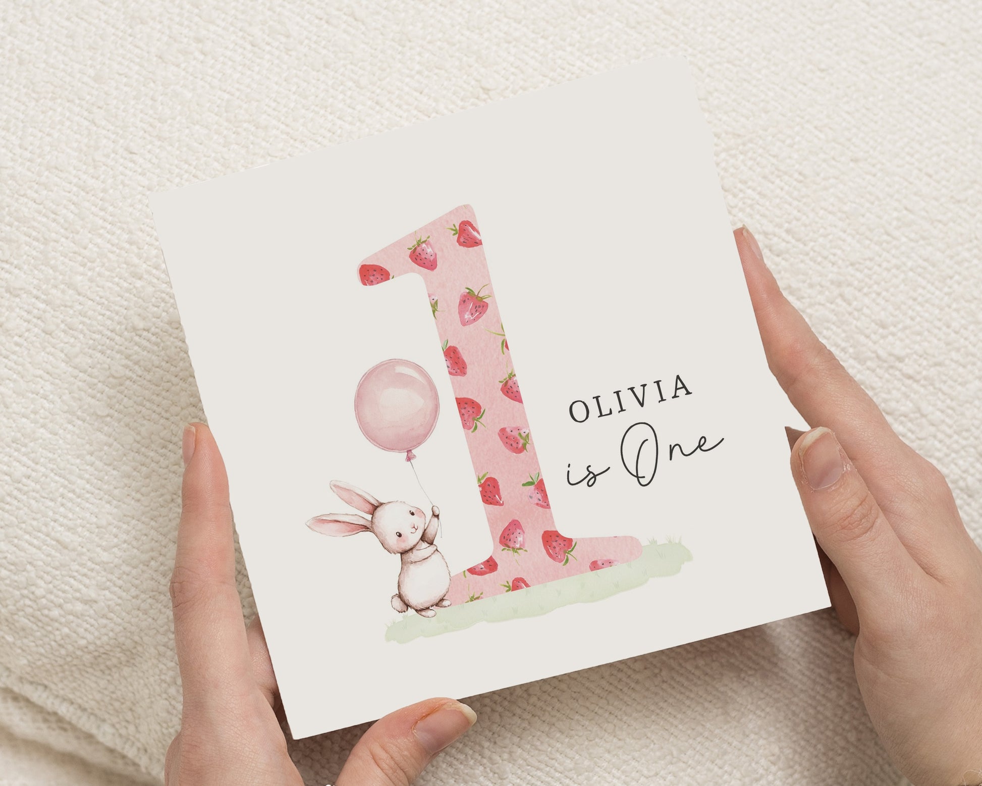 1st Birthday Card for Girl, Personalised Bunny Birthday Card, First Birthday Card, Cute Birthday Card for Daughter, Strawberry Birthday Card