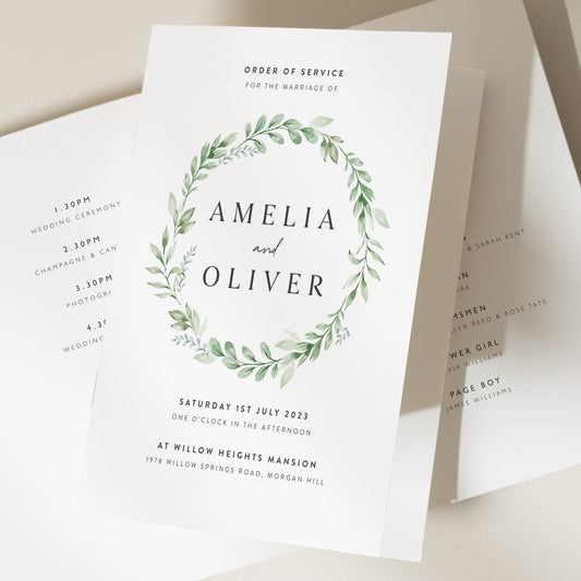 Greenery Wedding Order Of Service, Olive Wedding Booklet, Eucalyptus Order of The Day, Wedding Ceremony Timeline, Wedding Program 'Amelia'