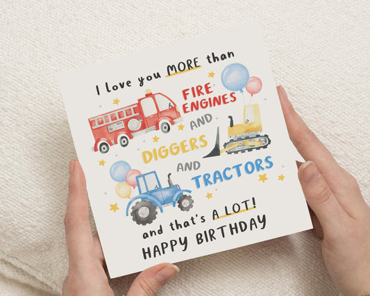 Birthday Card for Boy, Fire Engine Birthday Card, Digger Birthday Card, Tractor Card, Birthday Card from Son, Cute Kids Card