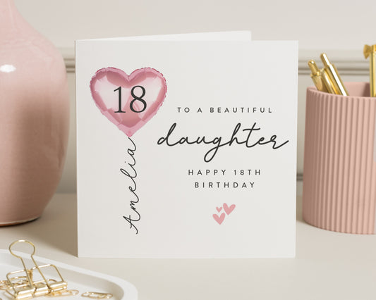 18th Birthday Card for Daughter, Personalised Daughter Birthday Card, 18th Birthday Card for Girl, Pink Heart Balloon Card
