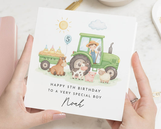 5th Birthday Card for Boy, Tractor Birthday Card, Personalised Birthday Card for Son, Farm Animal Birthday Card, Birthday Card for Kids