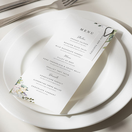 Elegant Wedding Menu Cards, Classic Wedding Menu Place Card, Wedding Menu Card With Names, Floral Wedding Food Menu 'Callista'