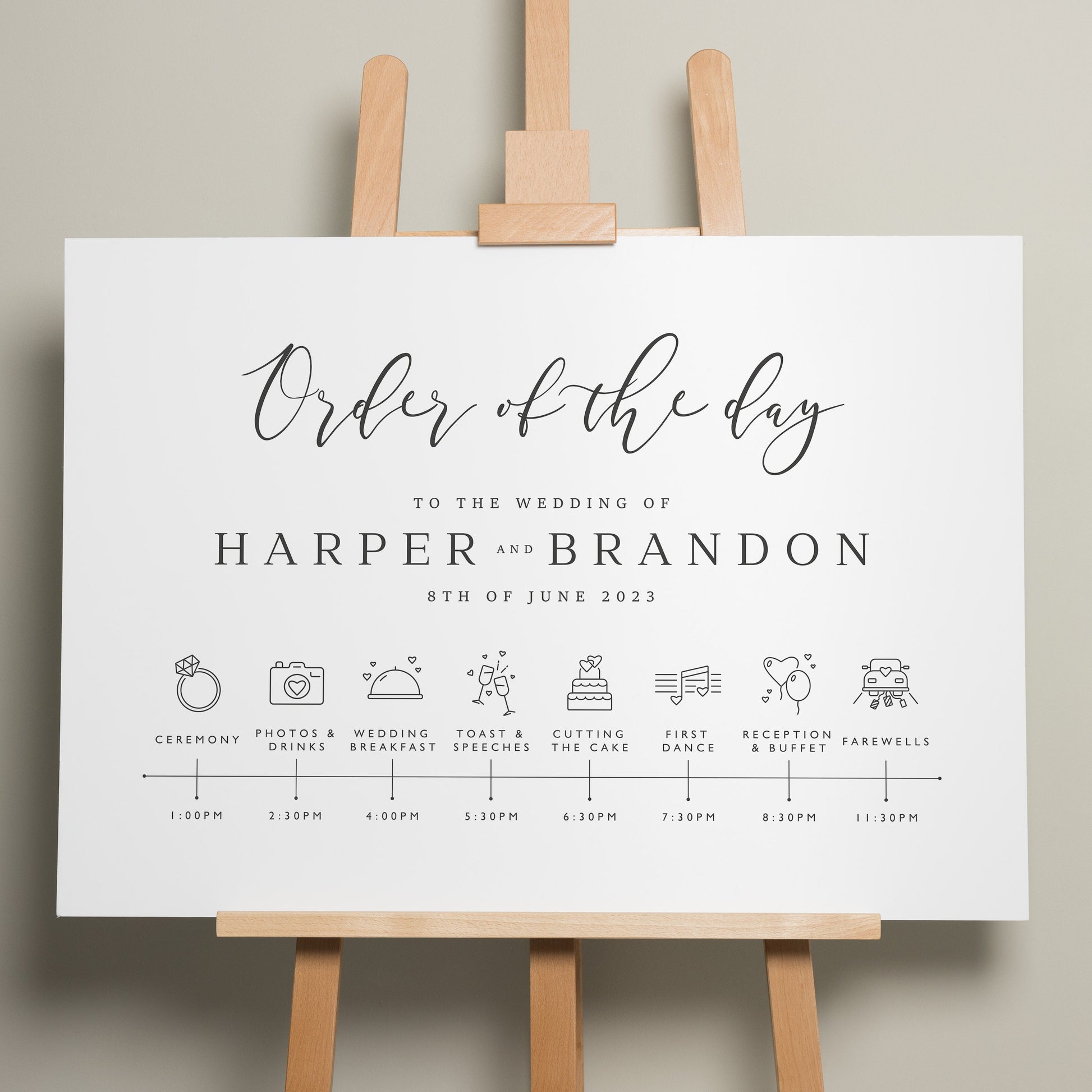 Order Of Service Wedding Itinerary, Script Personalised Wedding Order Of Events, A1 Wedding Timeline Sign, Order of the day Sign 'Harper'