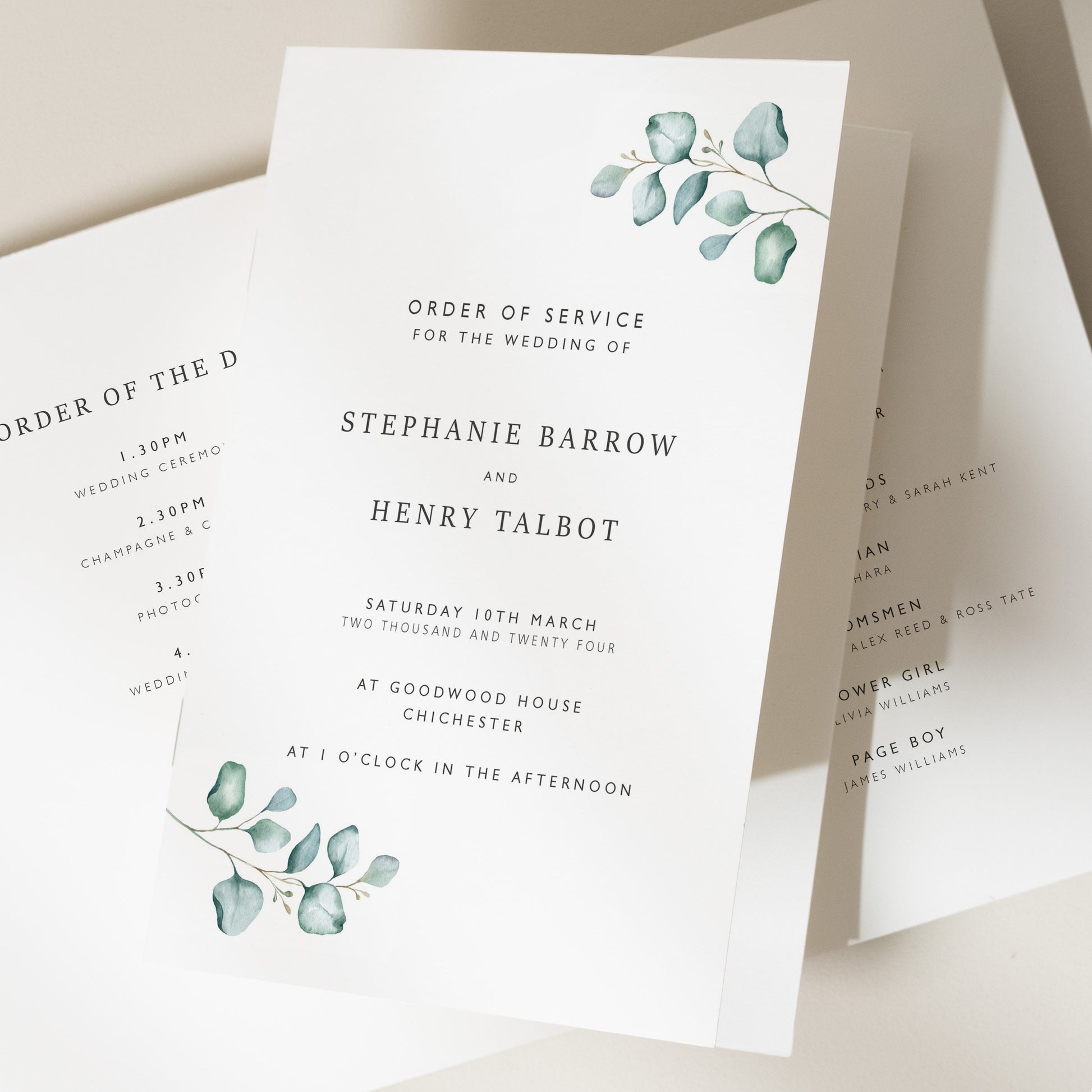 Simple Wedding Ceremony Booklet, Botanical Order Of Service Programme, Sage Greenery Order Of Service Booklet 'Stephanie'