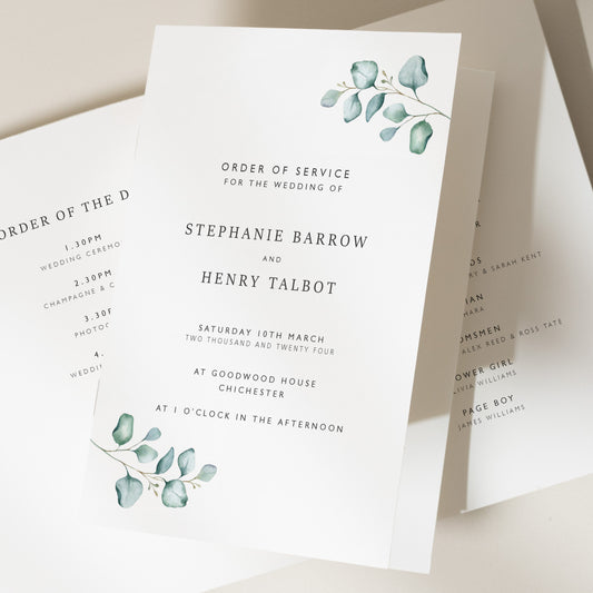 Simple Wedding Ceremony Booklet, Botanical Order Of Service Programme, Sage Greenery Order Of Service Booklet 'Stephanie'