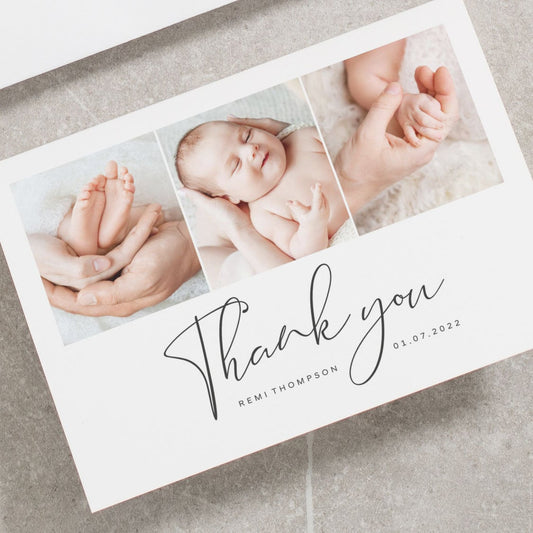 Baptism Baby Thank You Cards, Multi Photo Baby Thank You Card, New Born Thank You, Personalised Baby Thank You Card, Folded Thank You 'Remi'