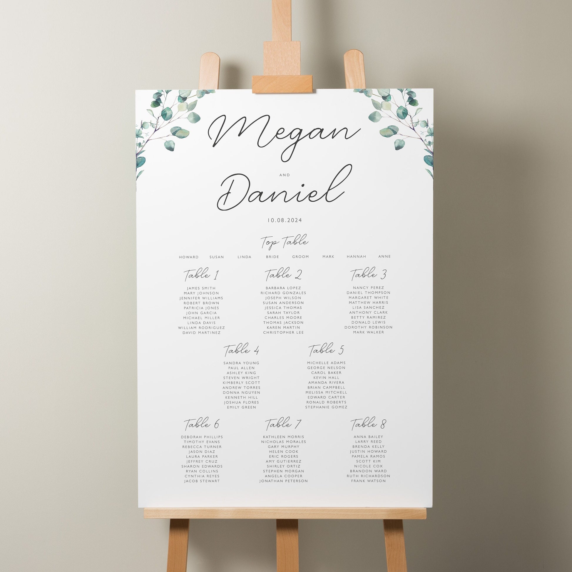 Greenery Wreath Wedding Table Plan, Personalised Botanical Seating Plan, Green Foliage Find Your Seat Sign, Eucalyptus Wedding Decor 'Megan'