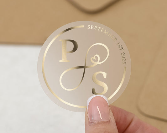 Personalised Wedding Sticker, Gold Foil Initials Sticker, Custom Date Sticker, Monogram Wedding Seal, Clear Wedding Envelope Sticker