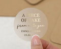 Personalised Wedding Cake Sticker, Gold Foil Wedding Label, Custom Name Date Sticker, Piece Of Cake Favour Sticker