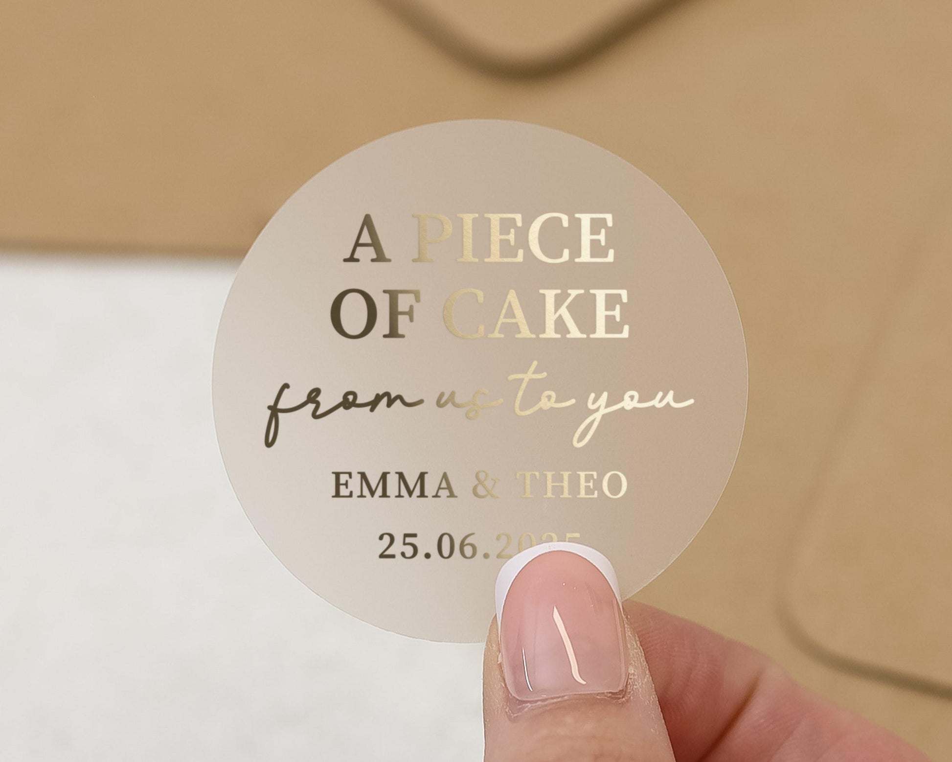 Personalised Wedding Cake Sticker, Gold Foil Wedding Label, Custom Name Date Sticker, Piece Of Cake Favour Sticker