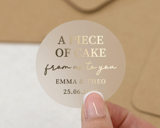 Personalised Wedding Cake Sticker, Gold Foil Wedding Label, Custom Name Date Sticker, Piece Of Cake Favour Sticker