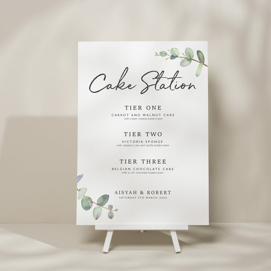 Greenery Wedding Cake Menu Sign, Cake Flavour Sign, Eucalyptus Wedding Sign, Cake Station Sign, Personalised Modern Wedding Sign 'Aisyah'