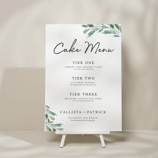 Botanical Greenery Cake Flavour Wedding Sign, Cake Menu Wedding Sign, Minimalist Wedding Design, Wedding Signage, Foliage 'Callista'