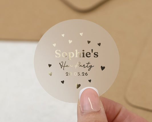 Hen Party Sticker, Personalised Hen Party Label, Custom Name Sticker, Gold Foil Party Sticker, Bridesmaid Gift Sticker, Wedding Sticker