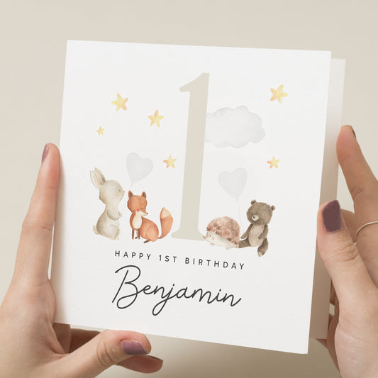 Personalised 1st Birthday Card, Woodland Birthday Card, Children's First Birthday Card, For Daughter, For Son, Cute First Birthday Card