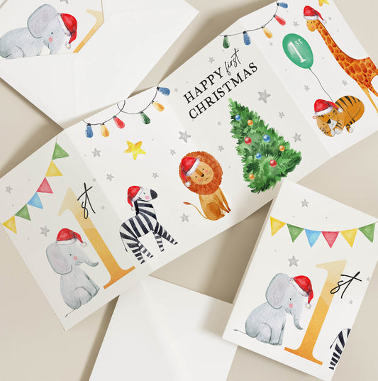 Happy 1st Christmas Card, Christmas Card For Boy, First Christmas Card with Cute Winter Animal, Baby's 1st Christmas Card