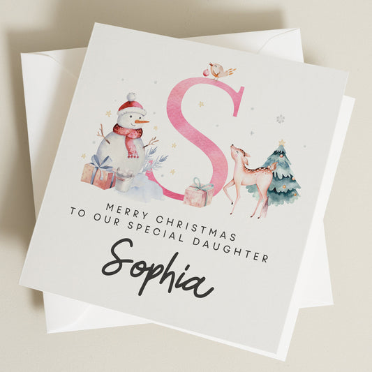Personalised Christmas Card for Daughter, Christmas Card for Baby Girl, Pink Letter Christmas Card for Children, First Christmas Card