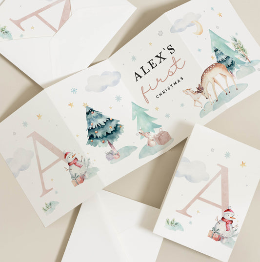 Happy 1st Christmas Card, Personalised Christmas Card For Girl, First Christmas Card Boy, with Cute Winter Animal, Baby's 1st Christmas Card